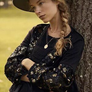 Anthropologie Black & Gold “Neale” Sequined Peplum Pintuck Top Size Medium